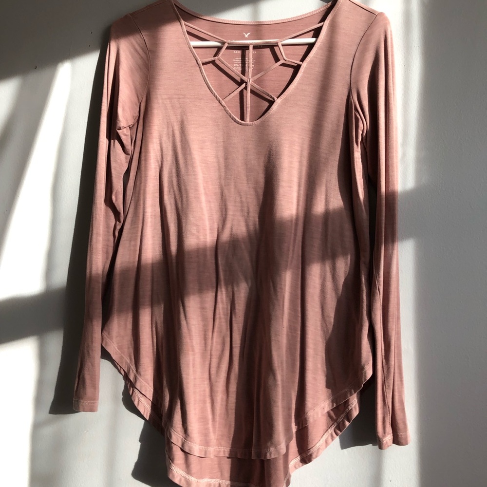 american eagle pink v neck long sleeve shirt